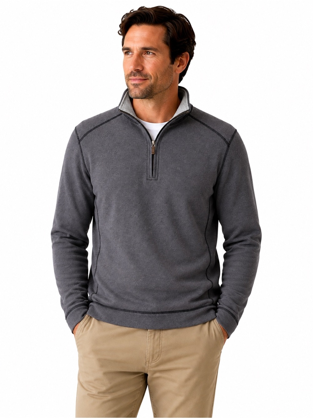 Tommy Bahama Quarter Zip Pullover Men’s Medium Charcoal Gray Herringbone Collar